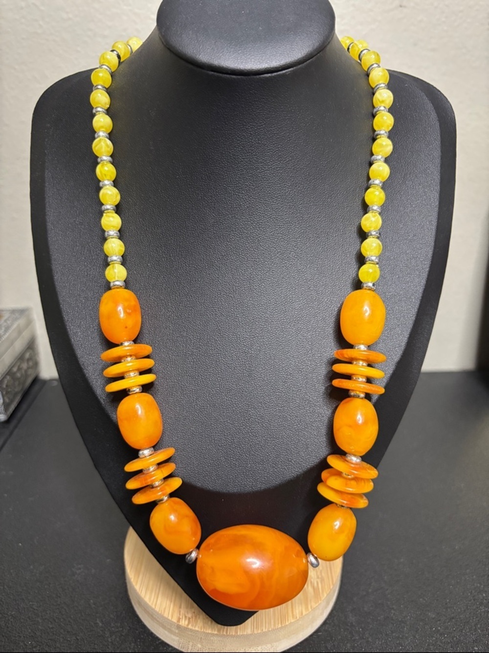 Vintage Statement Amber Bead Butterscotch Resin Long Necklace in Honey Yellow